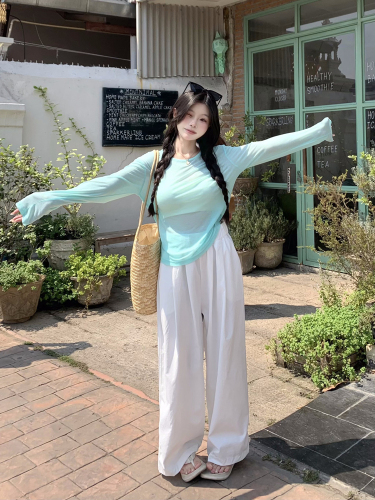 Real shot of mint green petite long-sleeved sun protection thin slightly see-through top straight lazy casual pants two-piece set