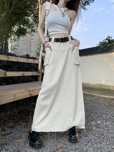 Actual shot ~ Retro American design pocket high waist slit drawstring work skirt for women mid-length skirt