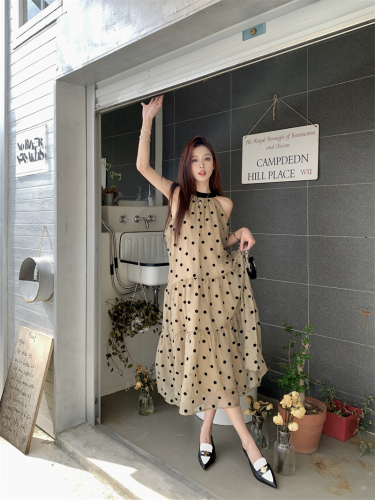 Actual shot ~ French retro flocking polka-dot halter dress summer sleeveless off-shoulder long skirt