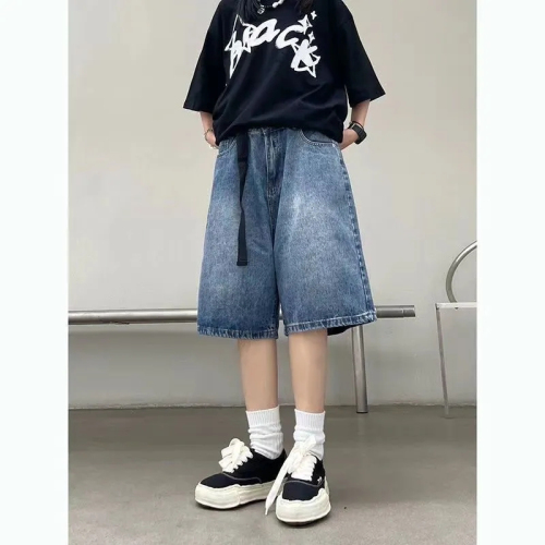 High-waisted denim shorts for women 2024 Korean summer new style loose slimming A-line hot pants five-point wide-leg pants