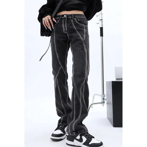 2024 Spring and Autumn split washed retro jeans high street trend men and women loose micro-flared trousers slimming pants