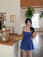 Actual shot of 24 spring and summer new style sleeveless elastic waist slimming Tuck line tube top dress for women
