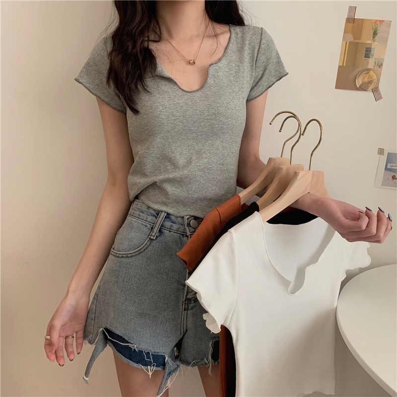 Real shot Summer new short-sleeved T-shirt women's slim V-neck short top