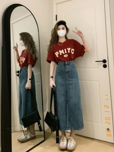 Summer women's clothing Hong Kong style American retro T-shirt top denim skirt salt style two-piece suit with light and mature style