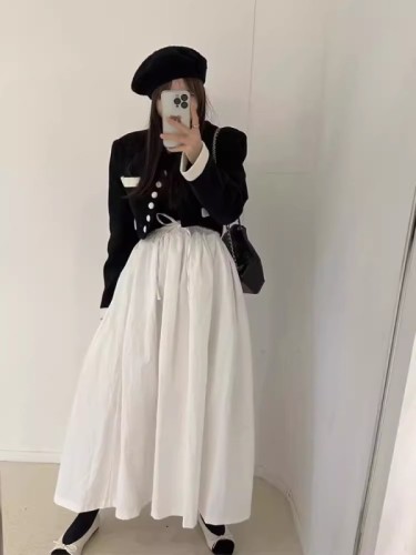 Korean chic spring new style simple and versatile lace-up high-waist slim A-line umbrella skirt solid color skirt for women