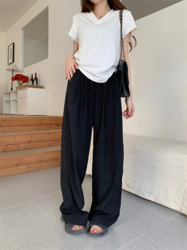 Real shot of large size casual thin wide-leg pants suit for women summer short waisted short-sleeved T-shirt two-piece pants suit