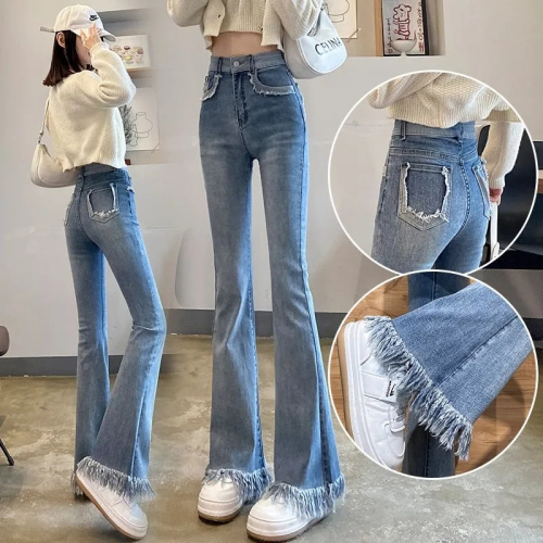 Retro hot girl tassel micro-flare jeans for women spring new elastic slimming high waist raw edge horseshoe floor mopping pants