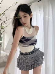 新款菱形格子半透明小背心女夏季時尚甜辣妹純欲性感修身百搭上衣