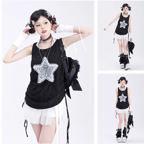 Official Photo Hot Girl Star Mesh Sleeveless Vest Suspender Women's Summer Loose Slimming Strap Drawstring Top