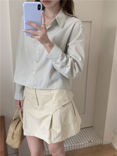 实拍 韩版简约后背设计感短款纯色长袖开衫衬衫
