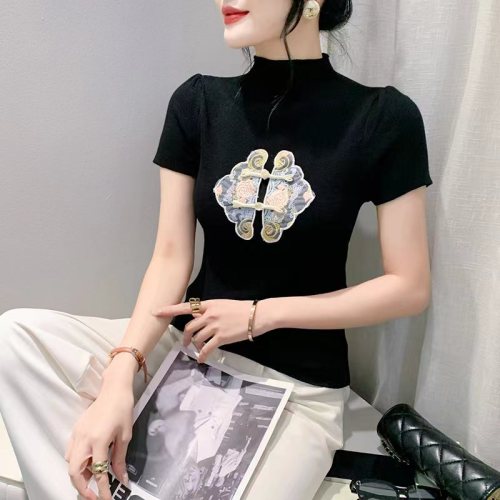 New Chinese style embroidered plate buckle half turtleneck sweater women's summer short-sleeved slimming versatile national style t-shirt pullover top