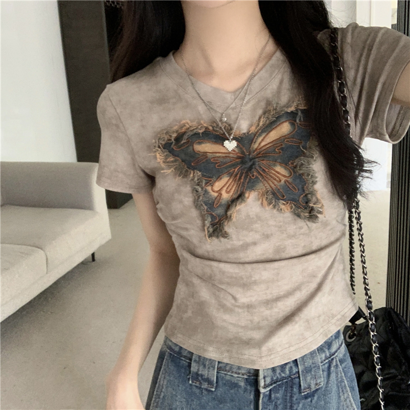 Real shot of new summer V-neck butterfly patch smudged pleated slim-fitting short-sleeved T-shirt top