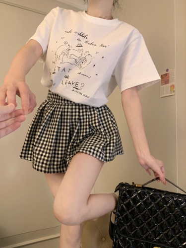 Actual shot of Bunny Party round-neck hand-painted printed short-sleeved T-shirt + slim plaid skirt two-piece suit