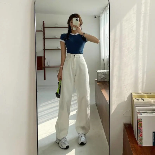 Straight-leg jeans for women 2024 spring and autumn new high-waist slim chic loose off-white floor-length wide-leg long pants