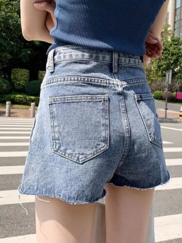 Denim shorts women's high waist summer 2024 new trendy ins loose slimming wide leg ripped internet celebrity a-line hot pants