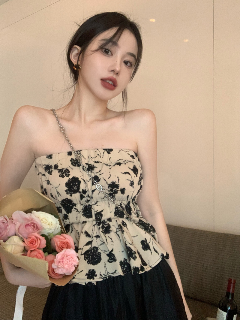 Real shot Summer new design niche Chinese ink print outer wear tube top for women