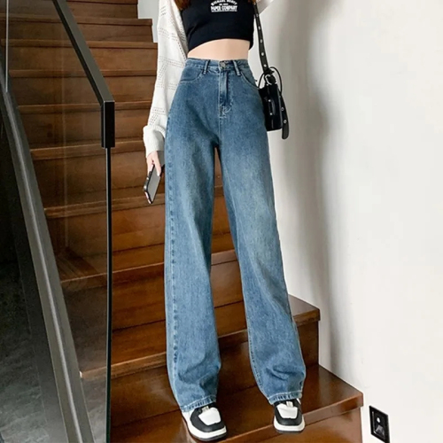 Jeans for women, high-waisted, slim, versatile, drapey, wide-leg pants, loose, large size, students' straight retro blue floor-length trousers