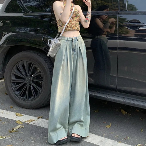 Spring and Autumn loose and versatile wide-leg slimming long pants Korean style flesh-covering high-waist straight floor-length jeans for women trendy