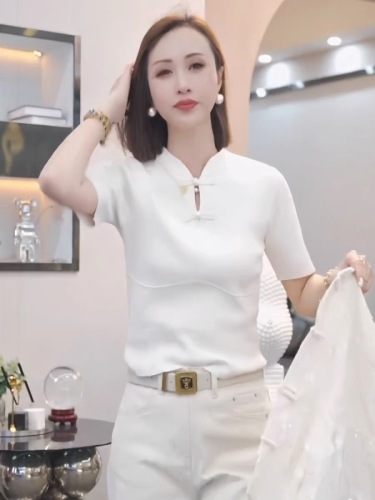新中式盘扣套头针织T恤女夏季新款时尚气质修身显瘦短袖打底上衣