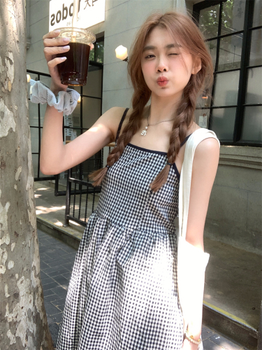 Actual shot~French Korean style chic high waist slimming color block plaid suspender dress for women