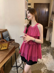 Real shot!  Temperament slimming off-shoulder cake layer halterneck top thin loose sweet vest camisole top