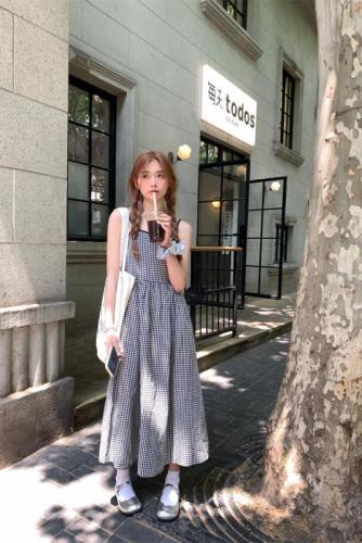 Actual shot~French Korean style chic high waist slimming color block plaid suspender dress for women