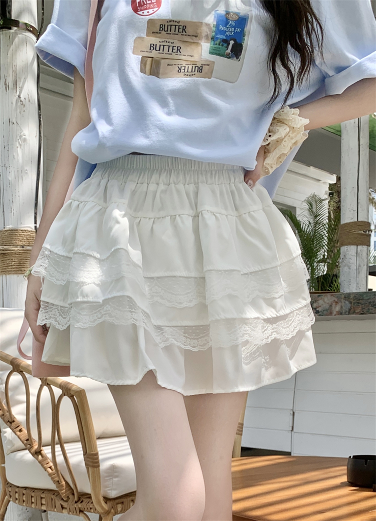 Real shot~Puffy lace cake skirt for women, high-waisted A-line slimming elastic waist skirt for small people