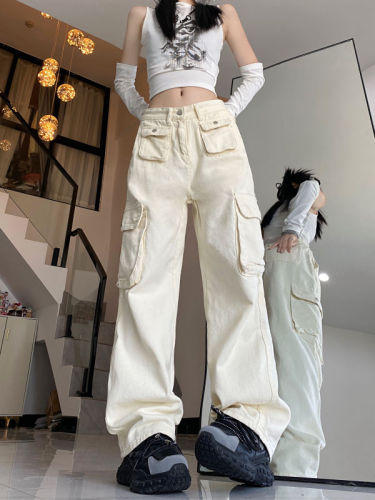实拍！！！韩版工装裤女款多口袋高腰阔腿牛仔长裤女小众设计感潮