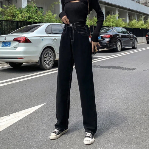 Black jeans for women, high-waisted, straight-leg, loose, large size, summer new style, wide-legged, small, drapey floor-length pants, trendy