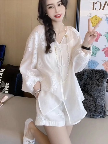 JWUNIQUE米白色新中式两件套装女春季国风上衣印花半身裙阔腿短裤