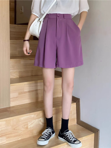 夏季韩版新款高腰显瘦裤子西装短裤宽松紫色阔腿裤五分裤女装
