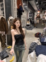 DoggyQin 矜藏/一字肩掛脖針織抹胸外穿女夏季彈力緊身收腰上衣