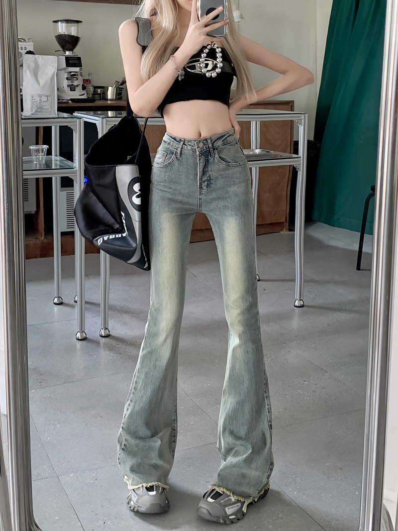 Actual shot #New style raw edge micro-flared jeans for women, stretch slimming, retro washed floor-length trousers