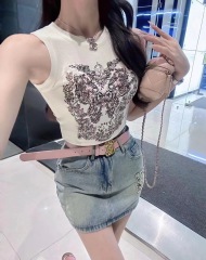 車遲恩Chien 復古印花背心上衣夏白色百搭寬鬆無袖t恤女