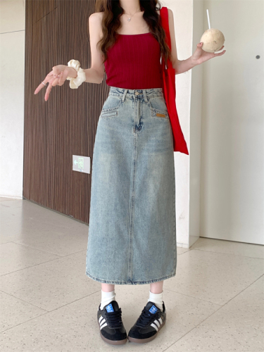 Actual shot~New casual pocket design versatile mid-length slit denim skirt