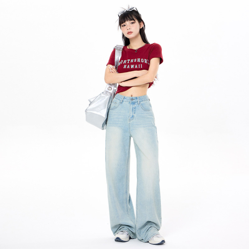 Actual shot of wide-leg jeans 2024 new early spring high-waisted straight-leg loose slimming pear-shaped body mopping pants