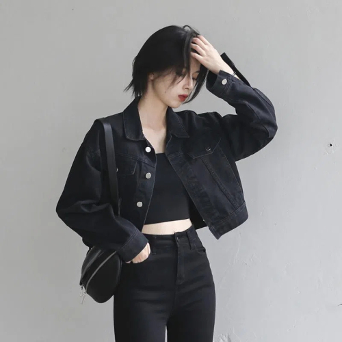 2024 New Early Spring Retro Street Loose Black Short Denim Jacket Women's Versatile Jacket Long Sleeve Top