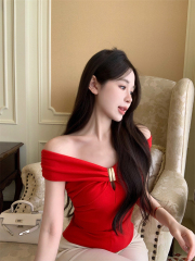 Actual shot of one-shoulder tops for women, summer design, niche slimming, slim temperament, sexy hotties pure desire T-shirt