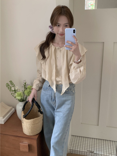 Real shot Korean style French retro sweet big collar lace up long sleeve solid color shirt