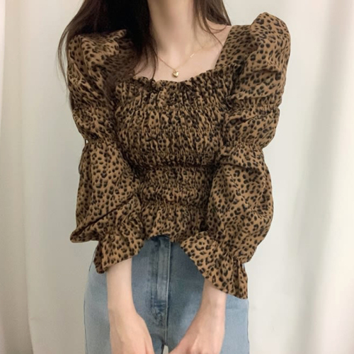 韩国chic秋季复古气质方领泡泡袖上衣褶皱感时髦豹纹减龄长袖衬衫