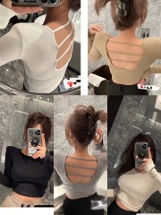 2024 Spring New Short Sleeve Tight T-shirt Women Backless Bodysuit High-waist Navel-revealing Sexy Short-sleeve Pure Desire Top Trendy