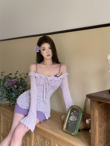 Real shot of sweet and spicy miu style suit skirt spring new purple sweet suspender dress women's hip skirt short skirt