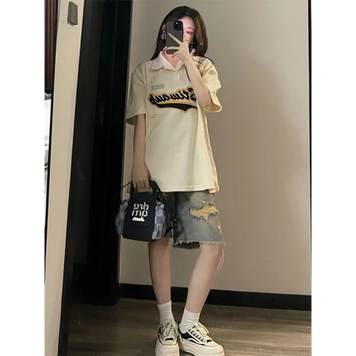 Retro ripped denim shorts women's summer ins new loose slimming high street design wide leg mid-pants