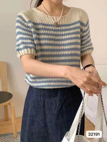 夏季新款韩版慵懒风圆领撞色条纹针织短袖上衣女