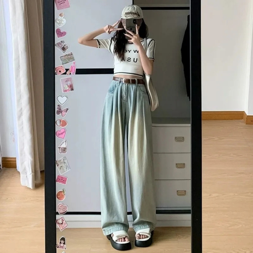Blue denim wide-leg pants for women in spring and autumn, high-waisted, loose, slim, narrow pleated pants, straight-leg floor-length pants with design