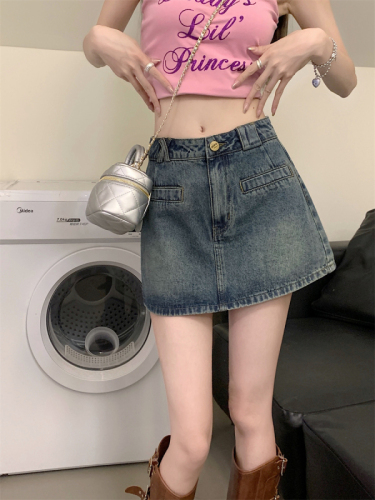 Real shot~Retro pocket love embroidered denim skirt hot girl slimming A-line skirt
