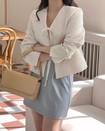 韩国chic春季法式小众高级感简约纯色绑带v领小个子短款开衫外套
