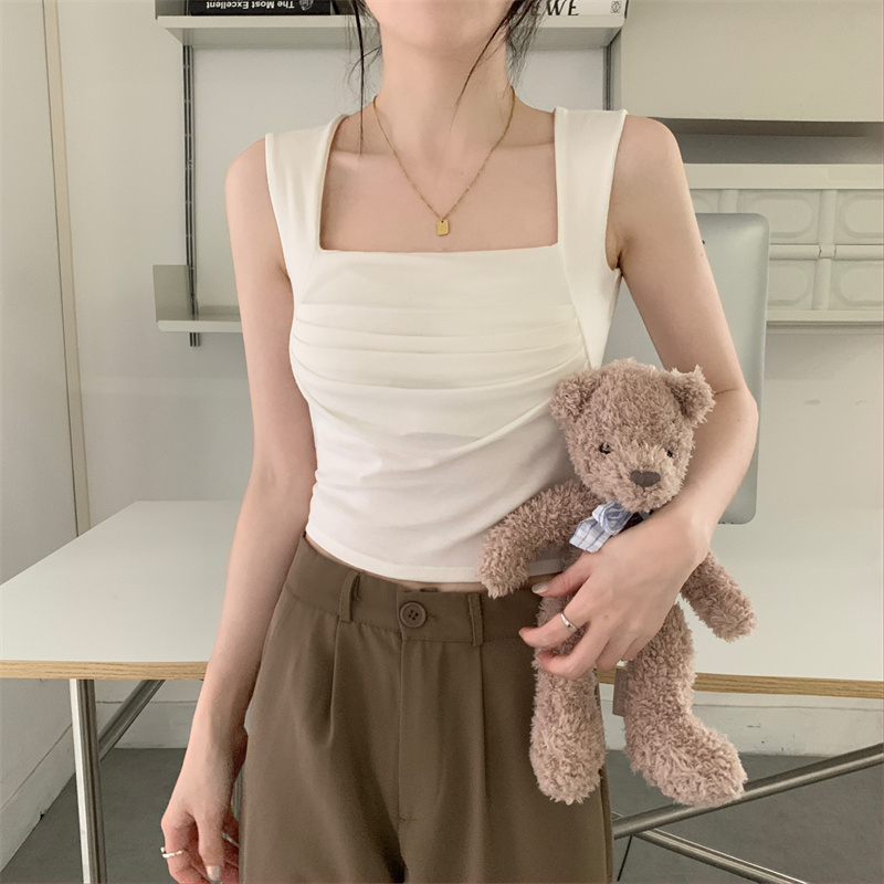 方領褶皺打底背心女夏季韓版2024新款修身顯瘦甜辣風內搭外穿上衣