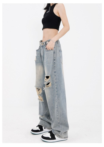 Retro ripped washed gradient jeans for women spring and summer plus size fat mm loose straight casual floor-length wide-leg pants