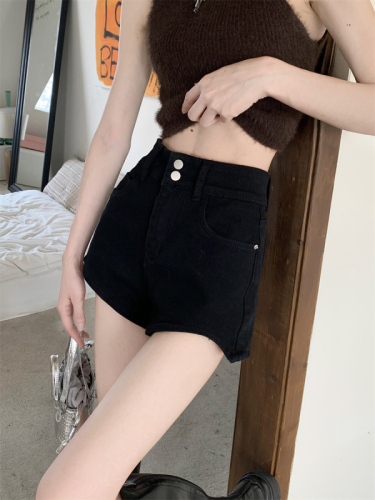 Actual shot ~ Black high-waisted denim shorts for women, new high-waisted hottie skinny jeans, butt-covering super shorts